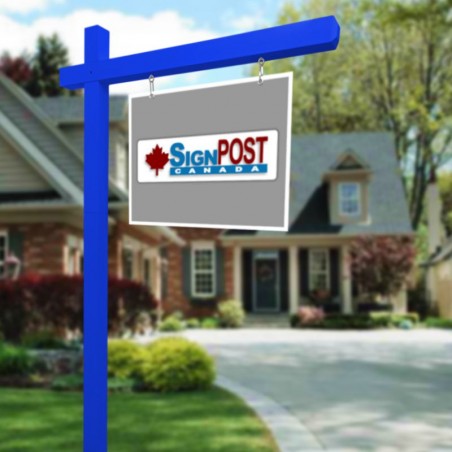 blue real estate sign posts